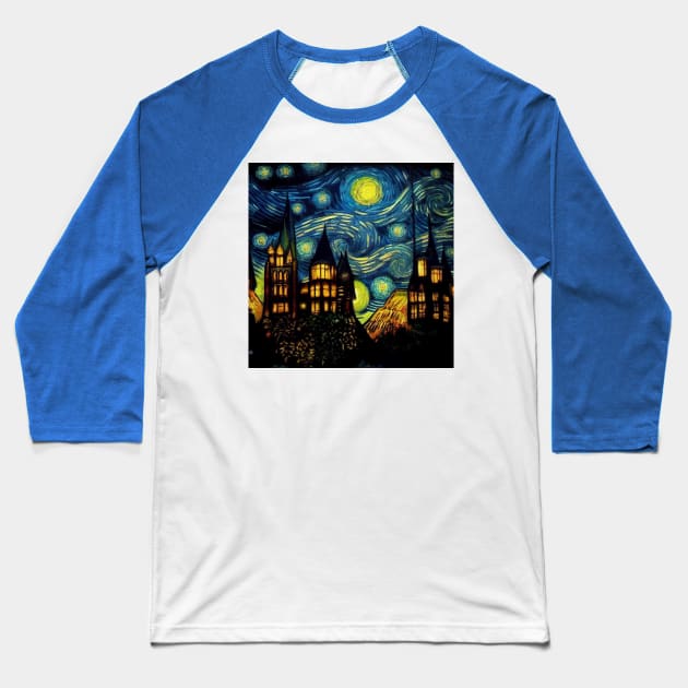 Starry Night Wizarding School Van Gogh Baseball T-Shirt by Grassroots Green